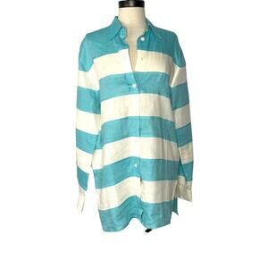 Escada Sport Linen Blouse Button Down Stripe Blue White L EUC